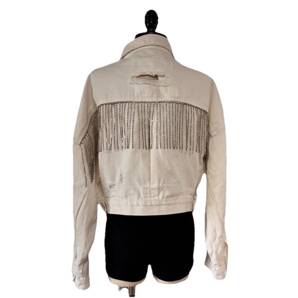 Blue B Collection Rhinestone Fringe Off‎ White Denim Distressed Jacket Size M/L